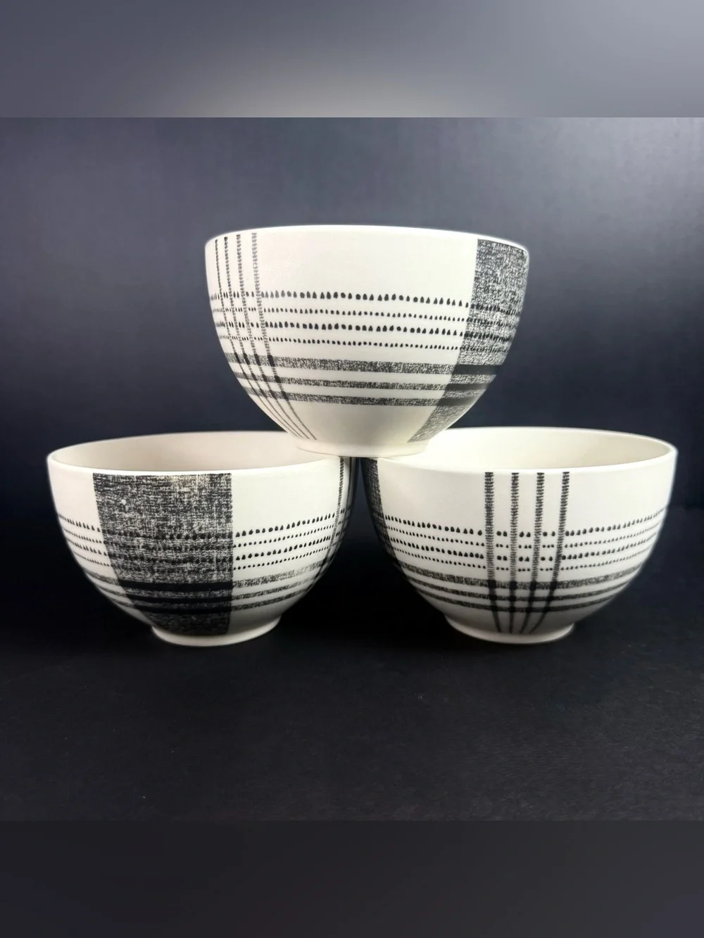 Set Of 3 Retired West Elm Black Original Plaid Cereal Bowls Stoneware